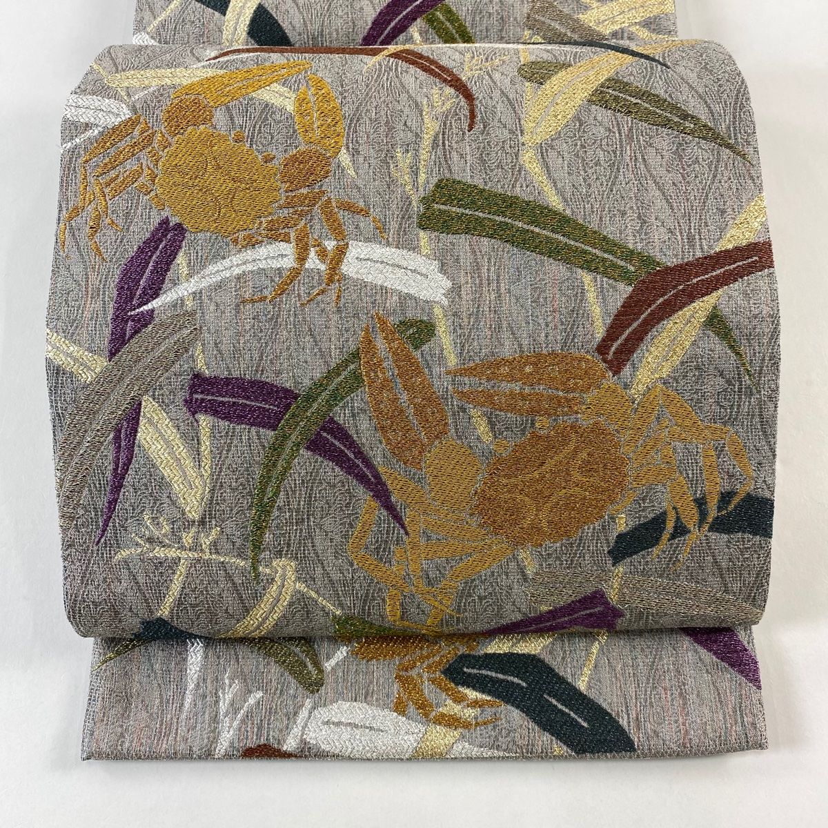 袋帯 蟹 葉柄 銀糸 箔 灰色 六通 正絹