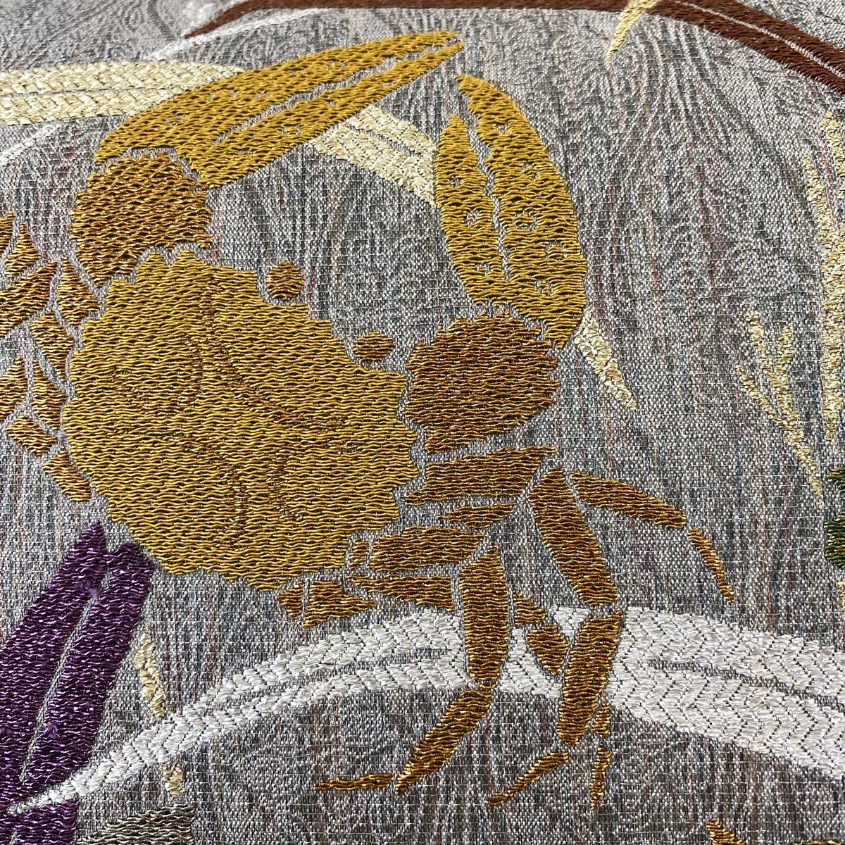 袋帯 蟹 葉柄 銀糸 箔 灰色 六通 正絹