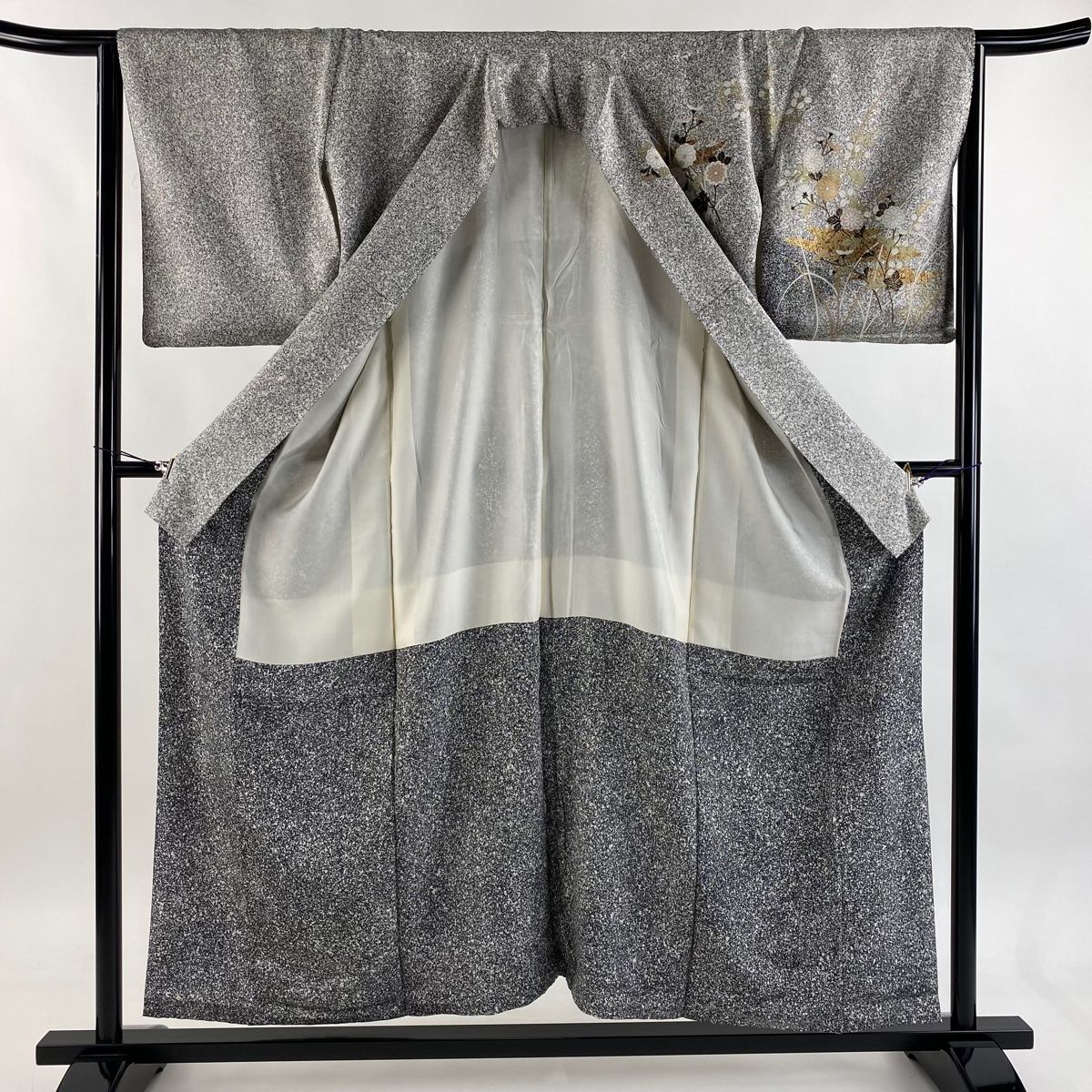  訪問着 身丈154.5 cm 裄丈64.5 M 袷 秋草 間垣 金彩 染め分け 黒灰 正絹 秀品 訪問着 付け下げ 着物