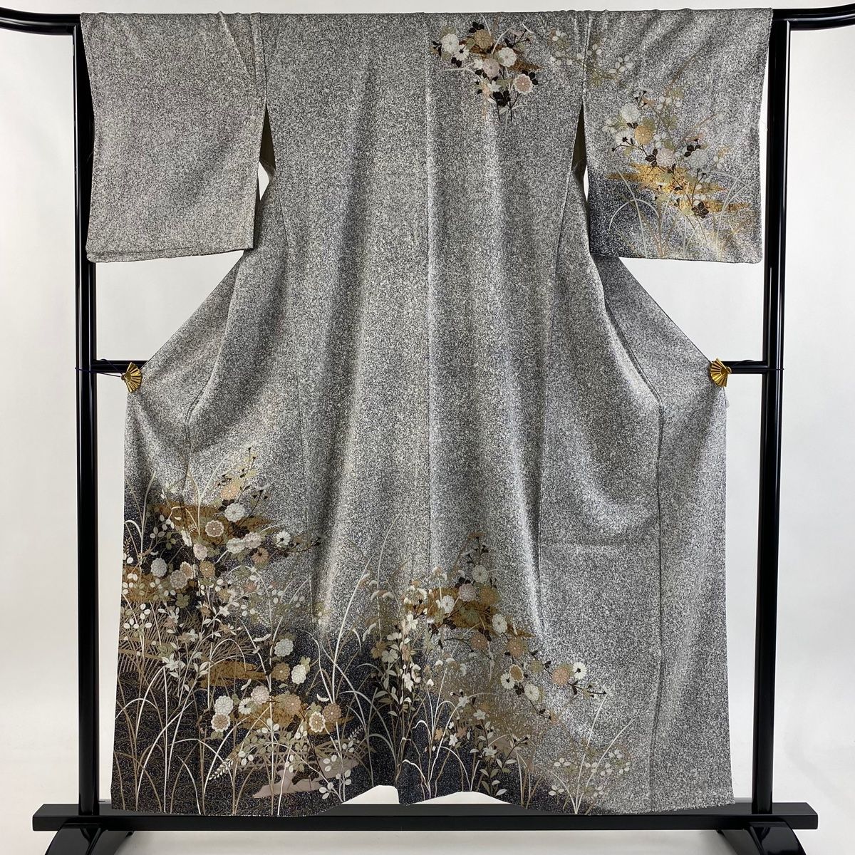 訪問着 身丈154 5 cm 裄丈64 M 袷 秋草 間垣 金彩 染め分け 黒灰 正絹 秀品