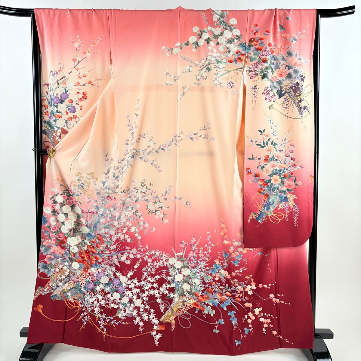 振袖 身丈165 cm 裄丈68 L 袷 花束 組紐 金彩 ぼかし ピンク 正絹 秀品