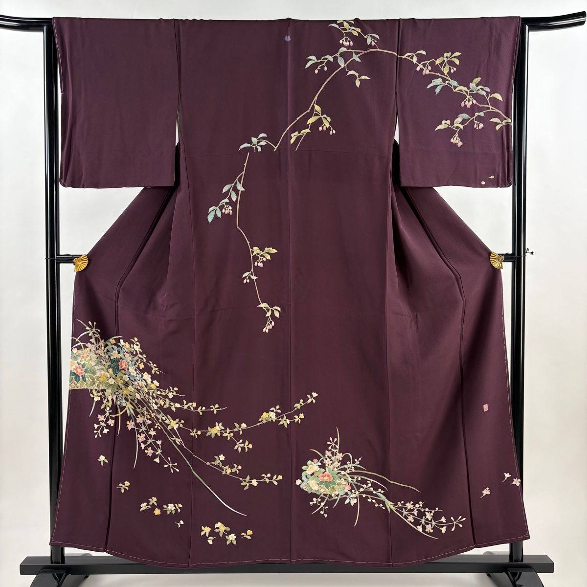 訪問着 身丈156 5 cm 裄丈64 M 袷 落款 枝花 草花 濃紫 正絹 秀品 一つ紋