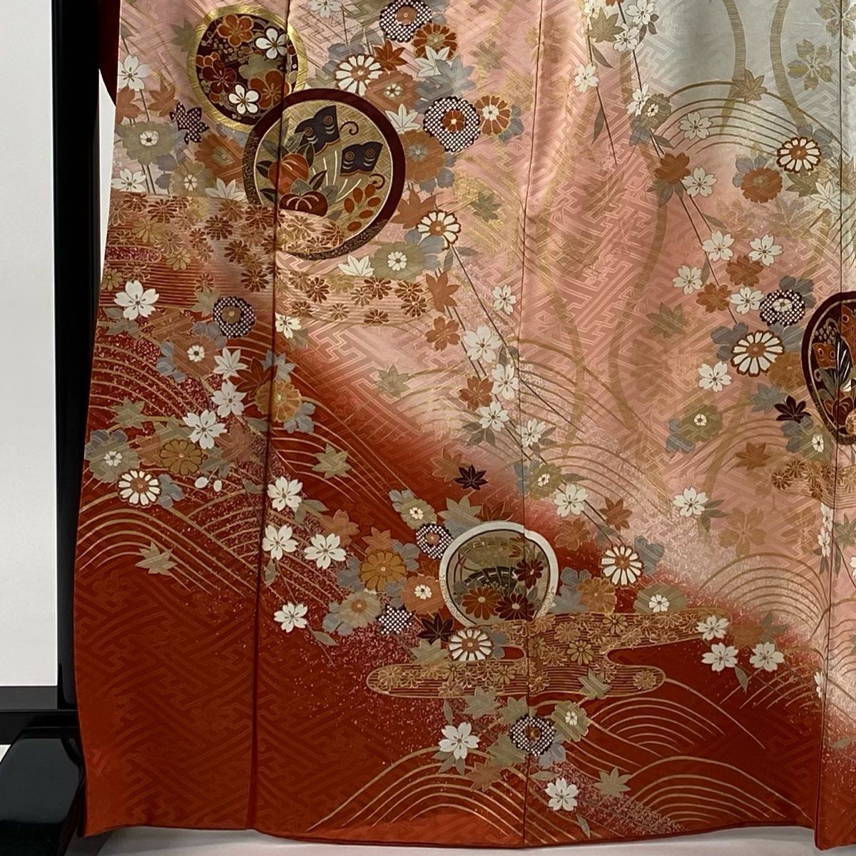 振袖 身丈168 cm 裄丈65 M 袷 鎌倉文 草花 金彩 染め分け ピンク 正絹 秀品