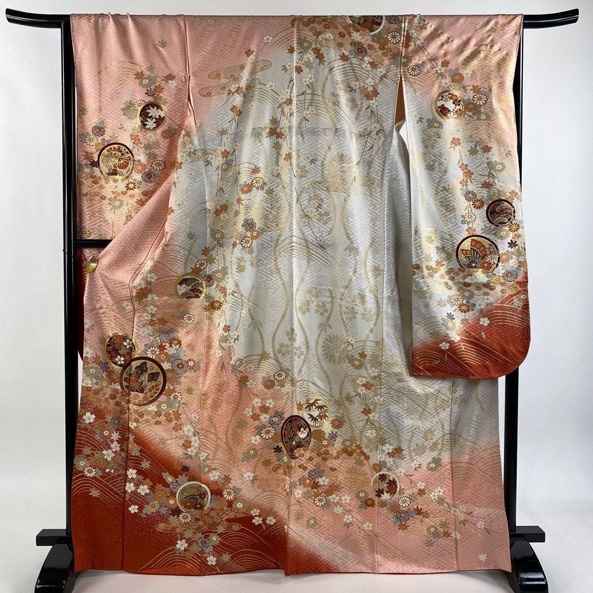 振袖 身丈168 cm 裄丈65 M 袷 鎌倉文 草花 金彩 染め分け ピンク 正絹 秀品