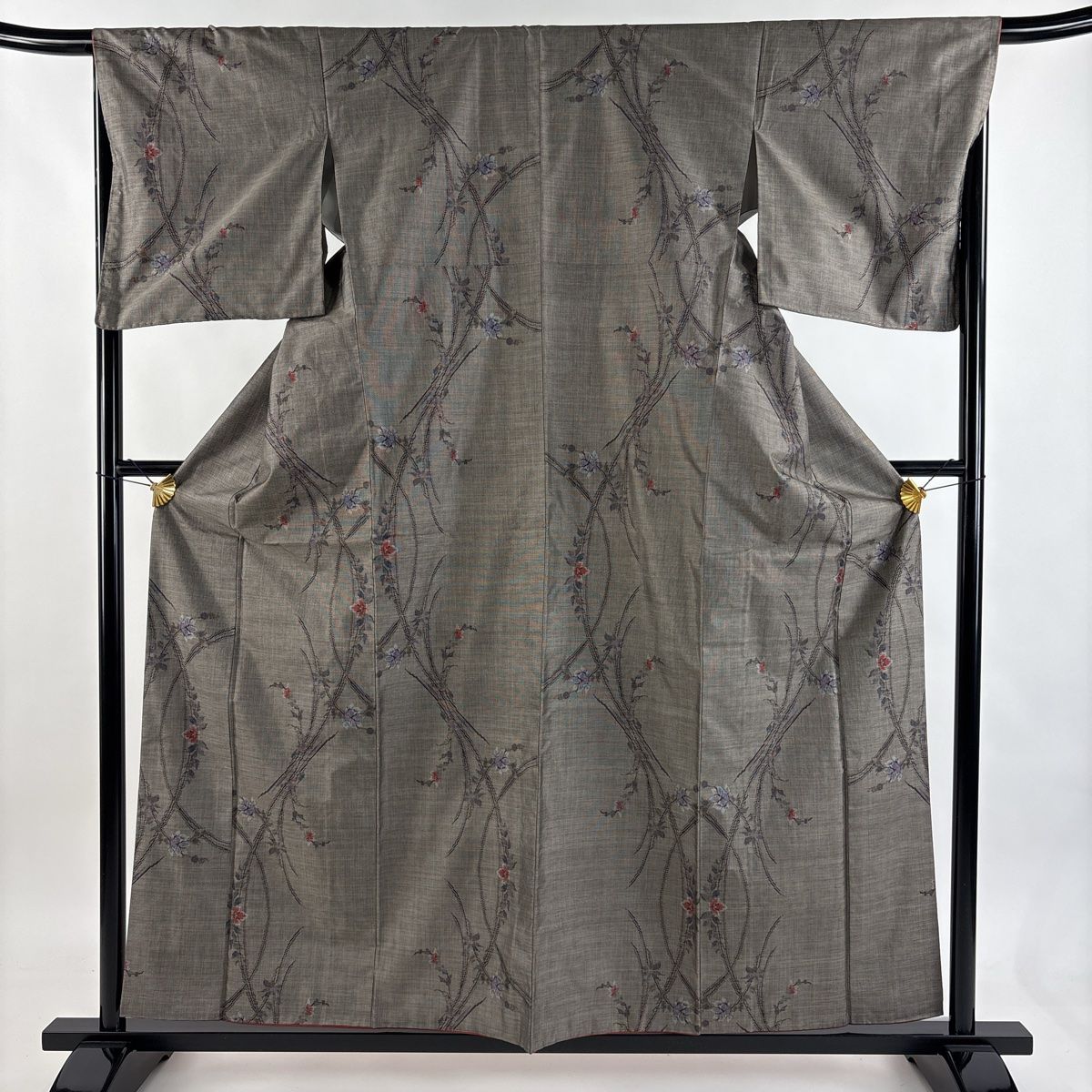 紬 身丈159 cm 裄丈67 M 袷 枝花 灰茶 正絹 秀品