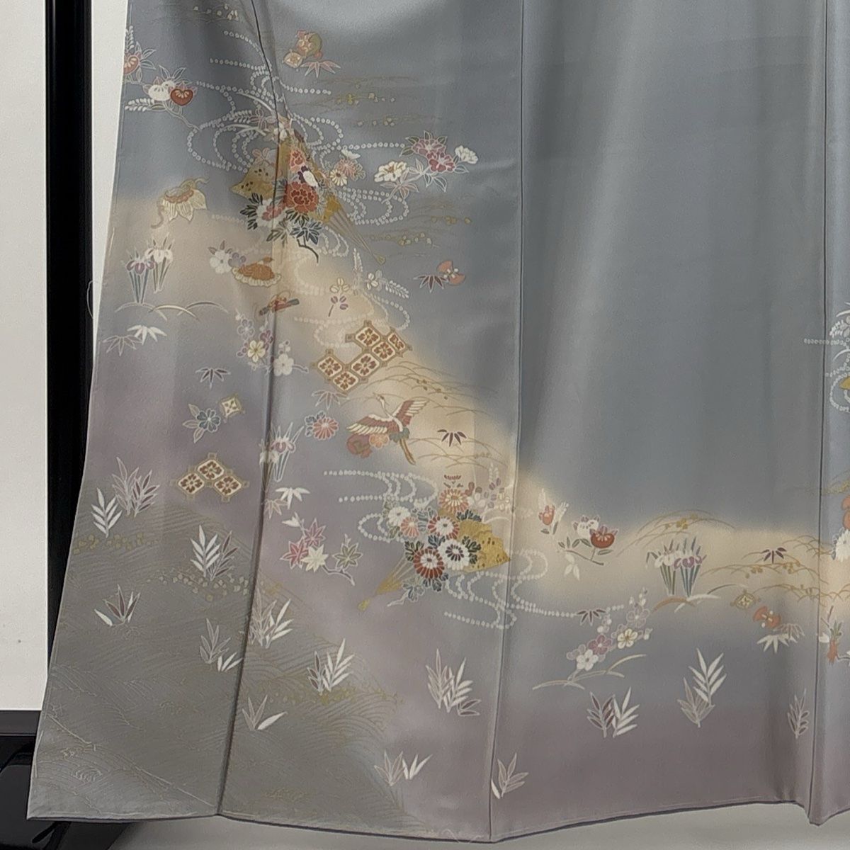 訪問着 身丈164 5 cm 裄丈66 M 袷 花扇 宝尽くし 金銀彩 ぼかし 青灰色 正絹 秀品