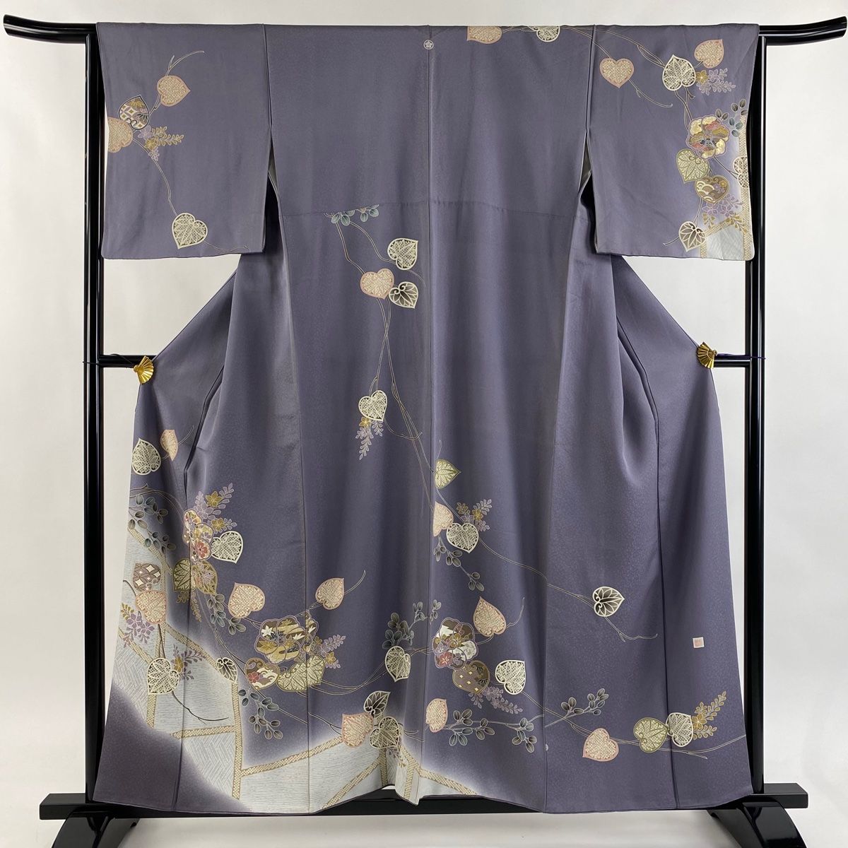 訪問着 身丈157.5cm 裄丈64cm M 袷 落款 葵 草花 金彩 ぼかし 灰紫