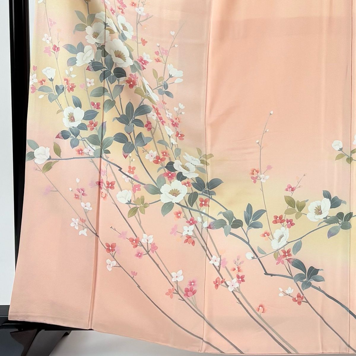 訪問着 身丈162.5 cm 裄丈64 M 袷 落款 枝花 霞 染め分け ぼかし 薄ピンク 正絹 秀品