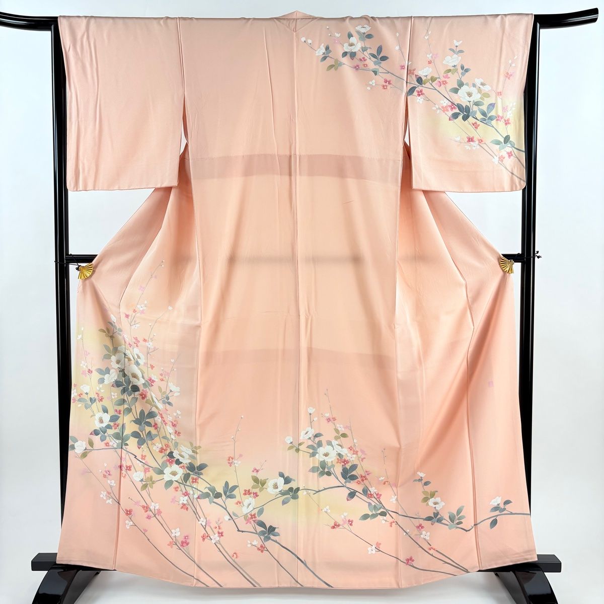訪問着 身丈162 5 cm 裄丈64 M 袷 落款 枝花 霞 染め分け ぼかし 薄ピンク 正絹 秀品