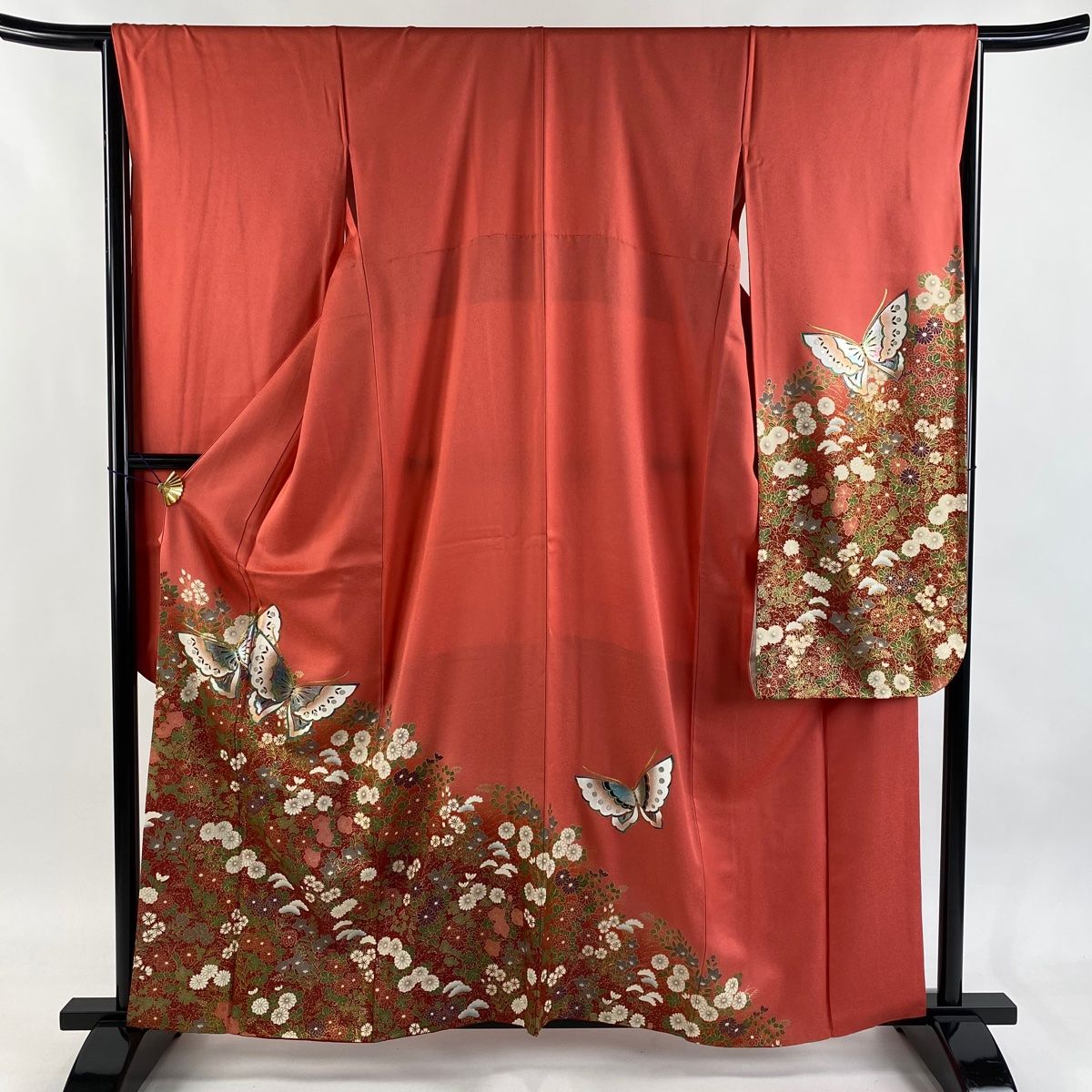 振袖 身丈158.5 cm 裄丈65.5 M 袷 蝶 草花 金銀彩 染め分け 濃ピンク 正絹 秀品