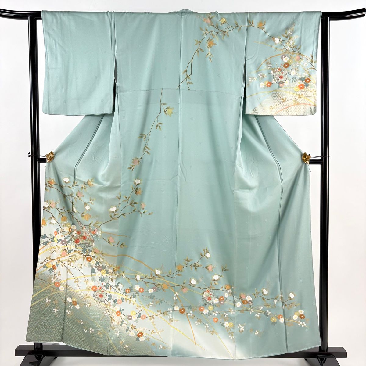 訪問着 身丈158.5 cm 裄丈62.5 S 袷 雪輪 秋草 金糸 刺繍 灰緑 正絹 秀品