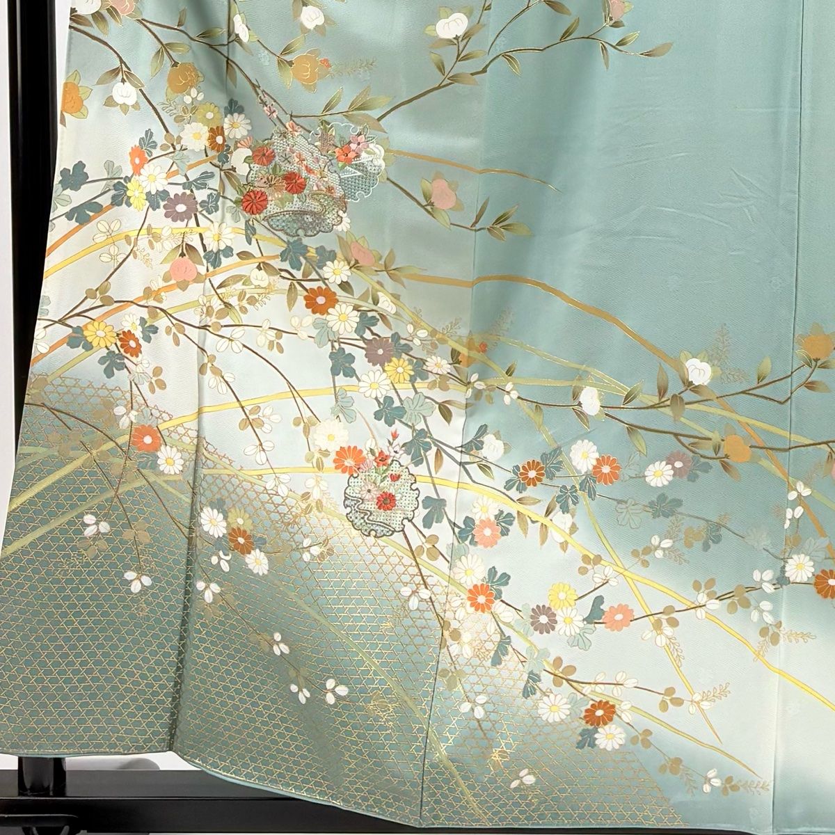 訪問着 身丈158 5 cm 裄丈62 S 袷 雪輪 秋草 金糸 刺繍 灰緑 正絹 秀品