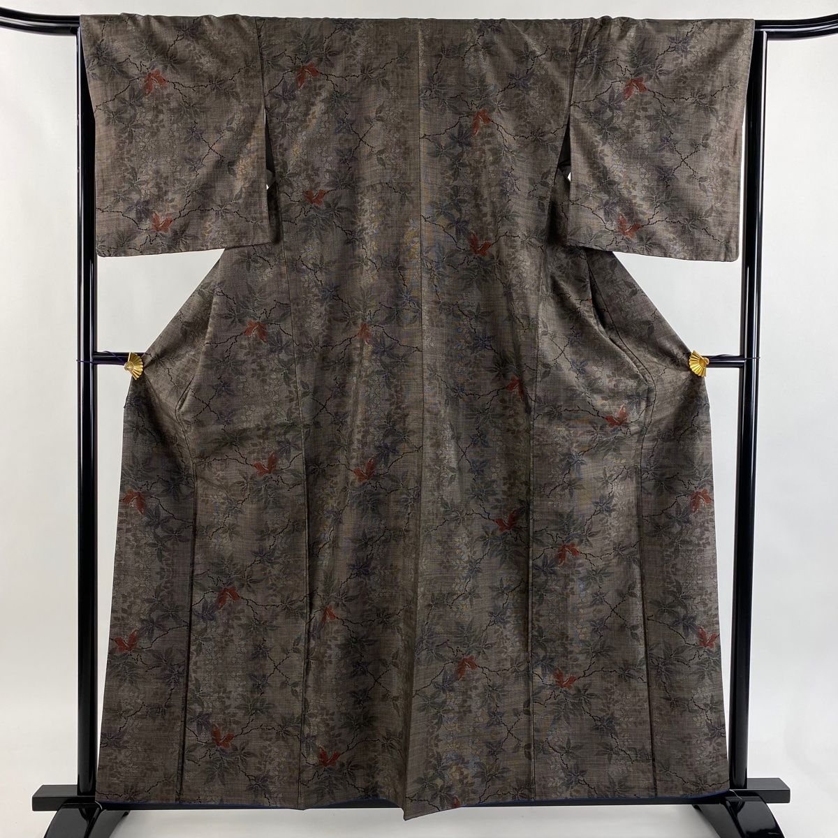 紬 身丈159 cm 裄丈65 M 袷 枝花 焦茶色 正絹 秀品