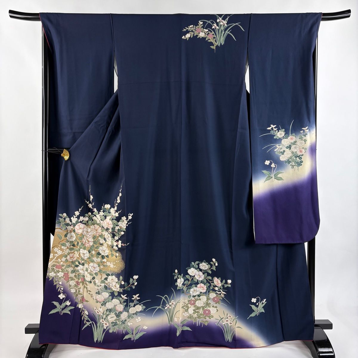 振袖 身丈167.5 cm 裄丈68 L 袷 椿 枝梅 金糸 金彩 濃紺 正絹 秀品