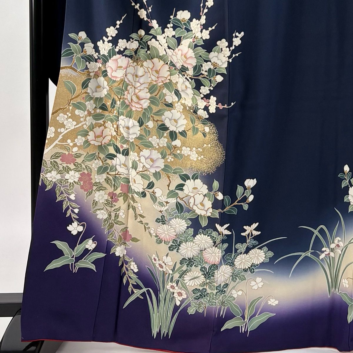 振袖 身丈167 5 cm 裄丈68 L 袷 椿 枝梅 金糸 金彩 濃紺 正絹 秀品