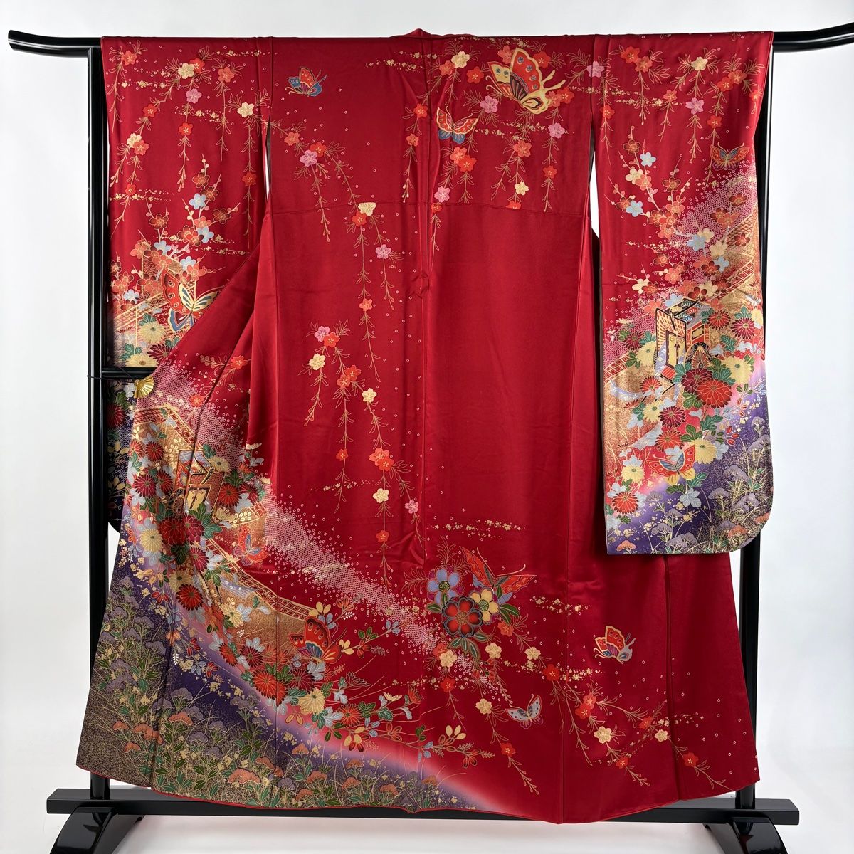 振袖 身丈155 5 cm 裄丈66 M 袷 鈴乃屋 御所車 菊 金糸 金彩 赤 正絹 秀品