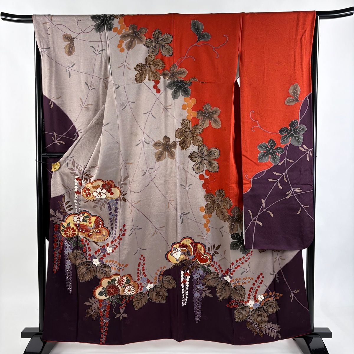 振袖 身丈161 cm 裄丈66 M 袷 笠松 藤 金糸 金彩 朱色 正絹 秀品