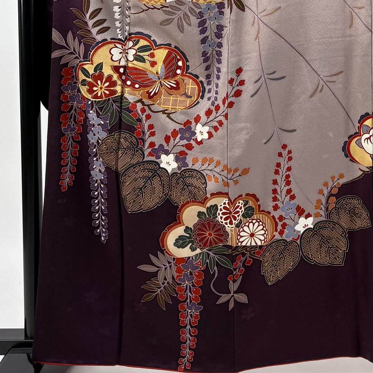 振袖 身丈161 cm 裄丈66 M 袷 笠松 藤 金糸 金彩 朱色 正絹 秀品