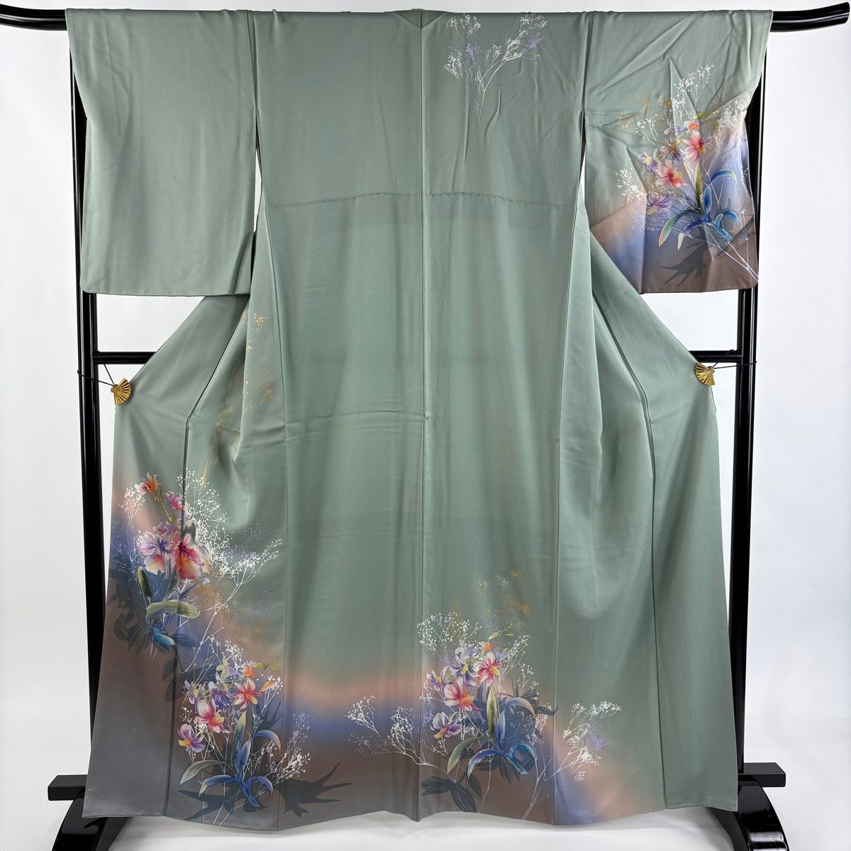 訪問着 身丈164 cm 裄丈68 5 L 袷 草花 シルエット 金彩 ぼかし 灰緑 正絹 秀品