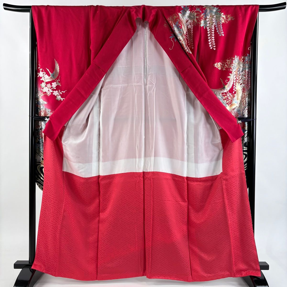  振袖 身丈164 5 cm 裄丈68 L 袷 鶴 牡丹 金銀彩 ぼかし 濃ピンク 正絹 秀品 振袖 着物