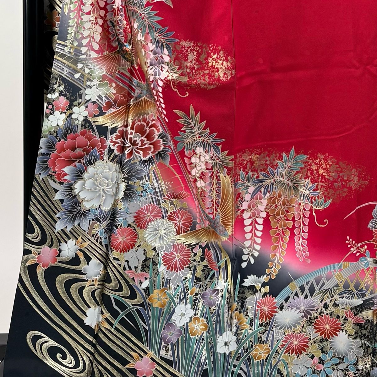 振袖 身丈164 5 cm 裄丈68 L 袷 鶴 牡丹 金銀彩 ぼかし 濃ピンク 正絹 秀品