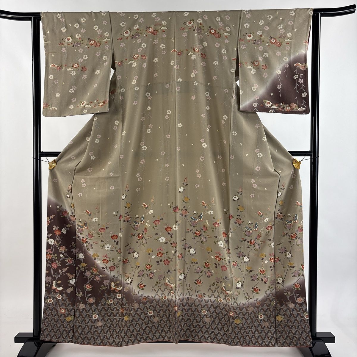 訪問着 身丈160 cm 裄丈63.5 S 袷 蝶 橘花 金糸 金彩 灰茶 正絹 秀品