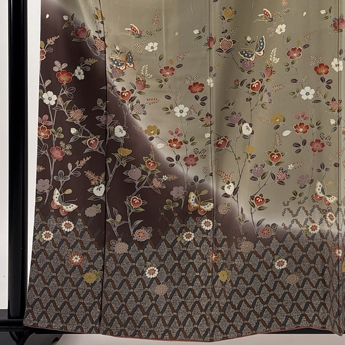 訪問着 身丈160 cm 裄丈63 5 S 袷 蝶 橘花 金糸 金彩 灰茶 正絹 秀品