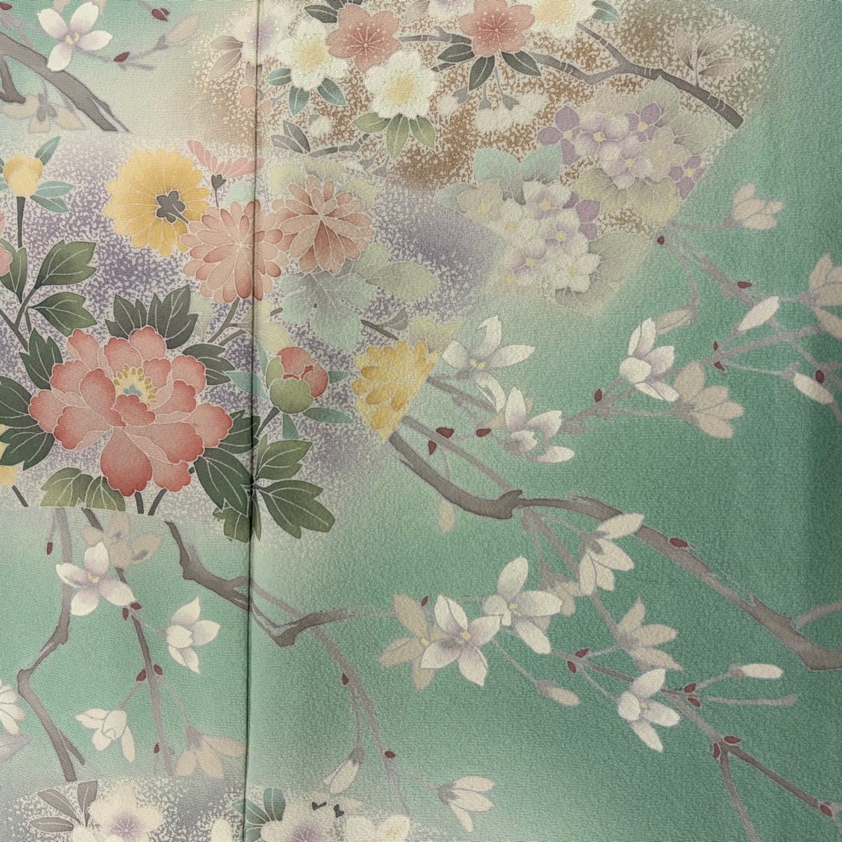  訪問着 身丈154 cm 裄丈64 M 袷 枝花 扇面 ぼかし 薄緑 正絹 秀品 一つ紋 訪問着 付け下げ 着物