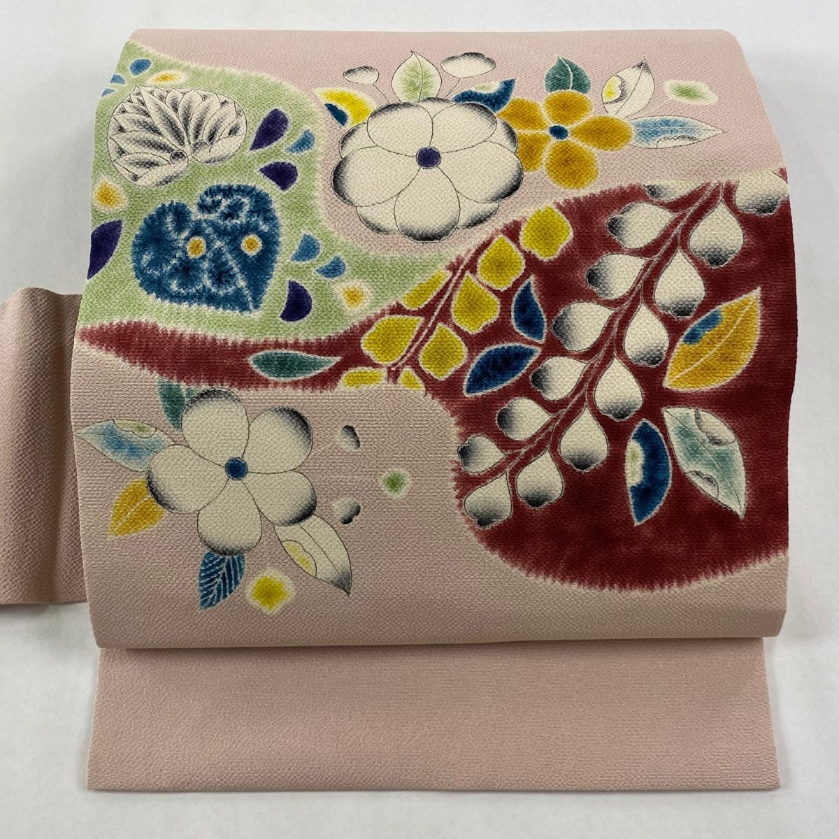 名古屋帯 秀品 落款 草花 縮緬 薄ピンク 正絹