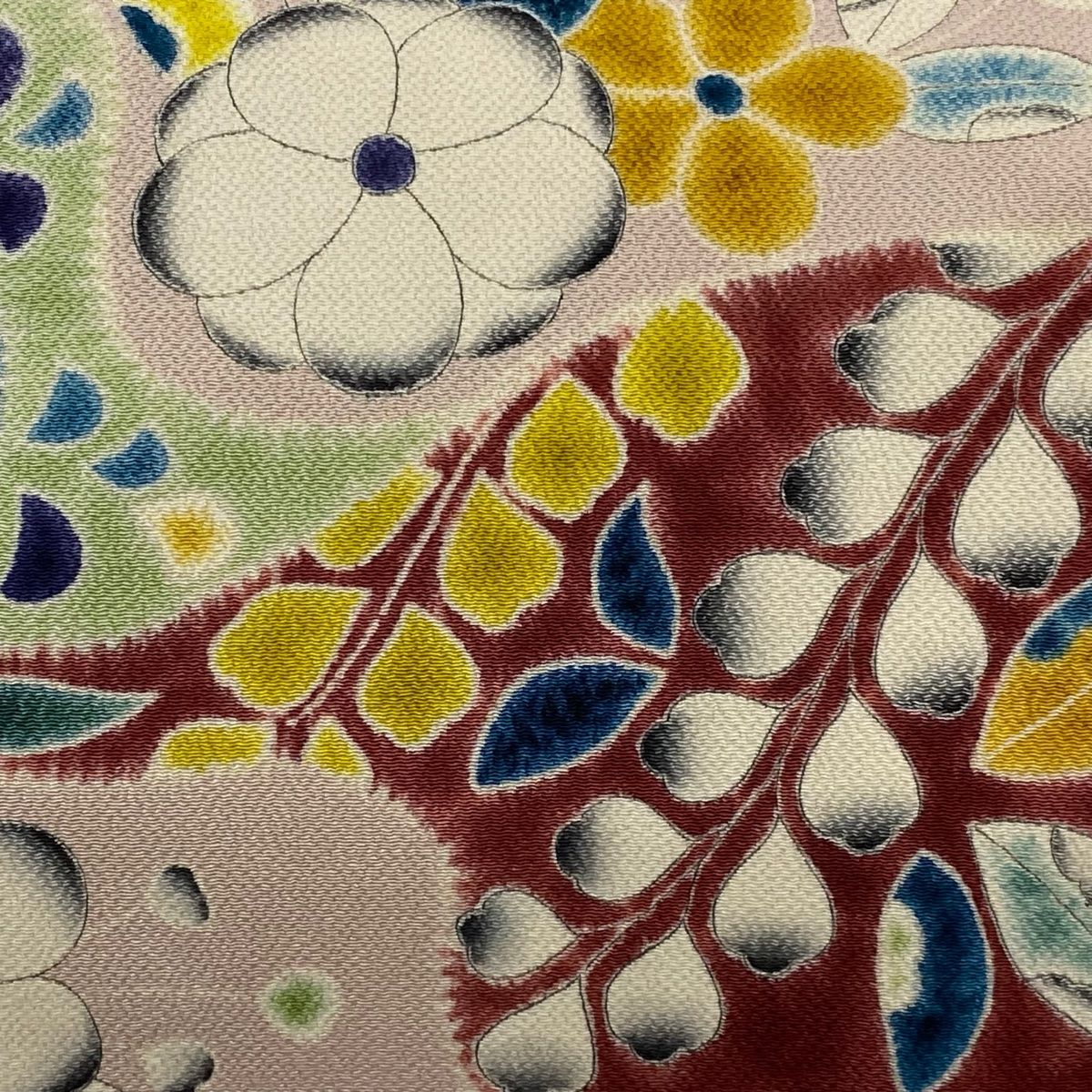 名古屋帯 秀品 落款 草花 縮緬 薄ピンク 正絹