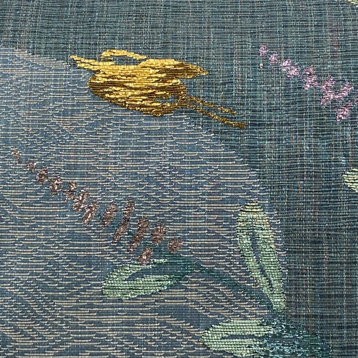 袋帯 秀品 草花 鳥 箔 青灰色 お太鼓柄 正絹