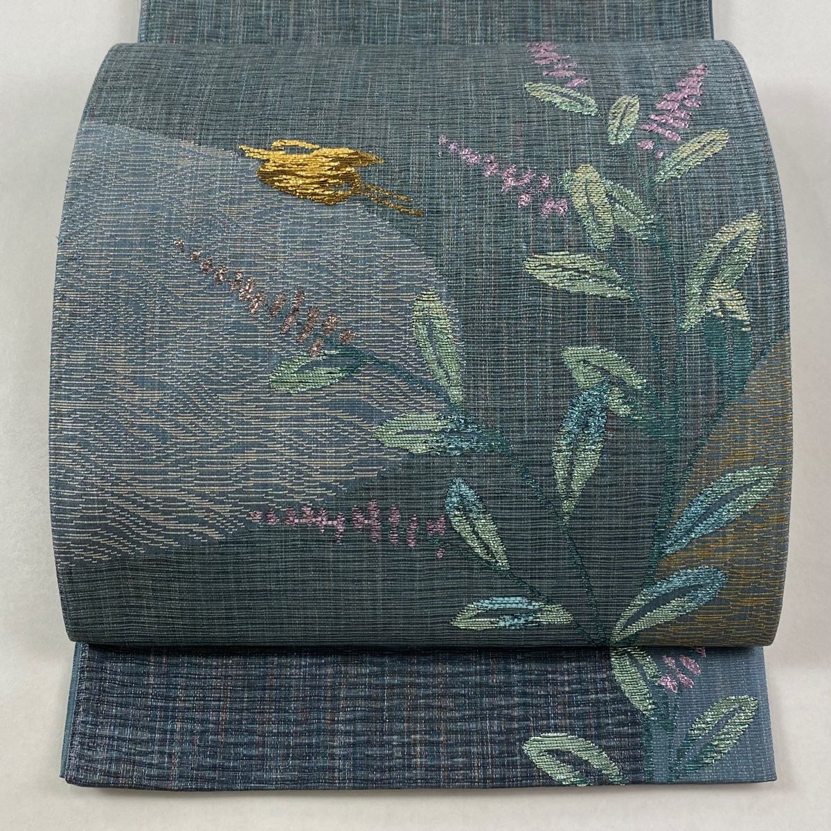 袋帯 秀品 草花 鳥 箔 青灰色 お太鼓柄 正絹