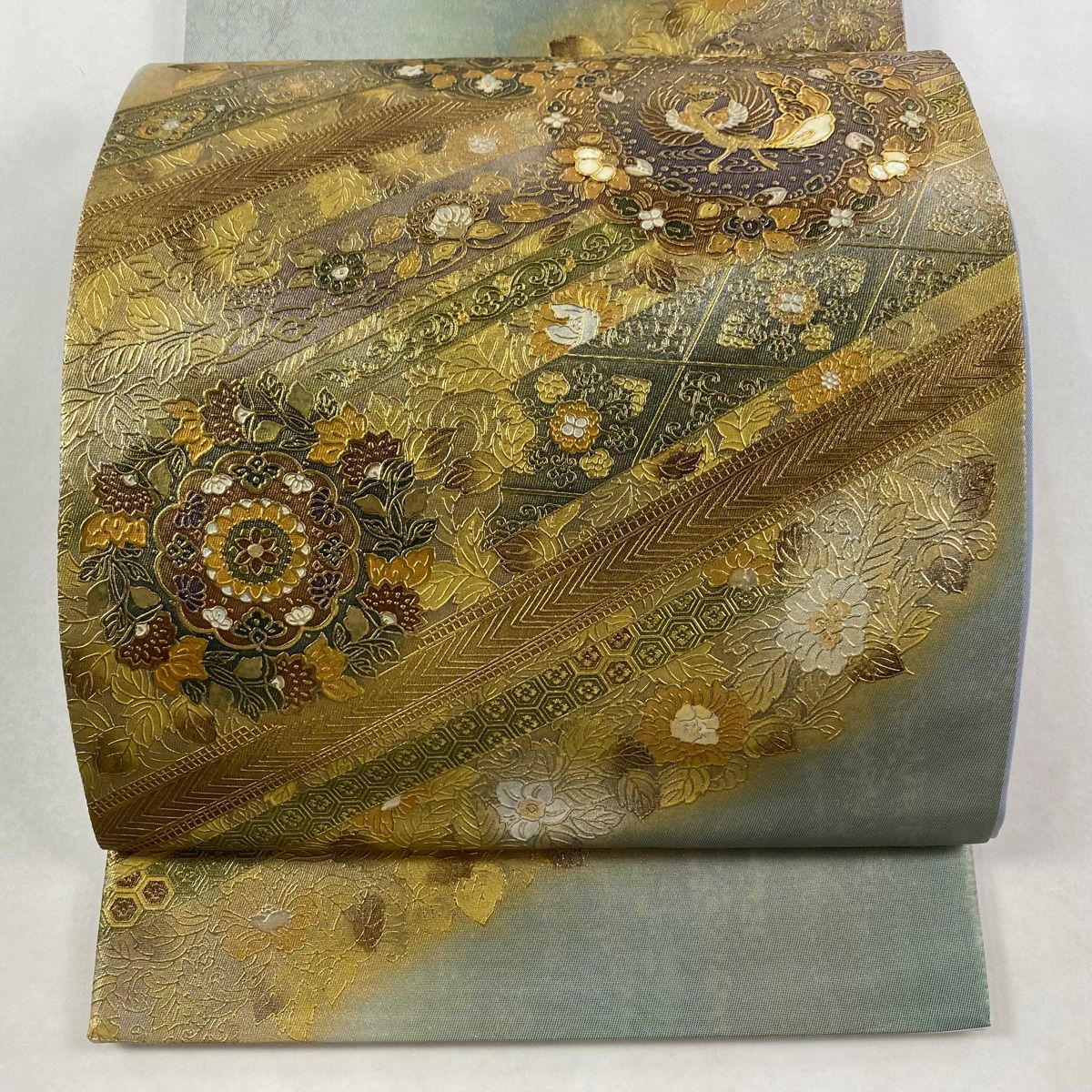 袋帯 秀品 華文 花鳥 螺鈿 金銀彩 灰緑 お太鼓柄 正絹