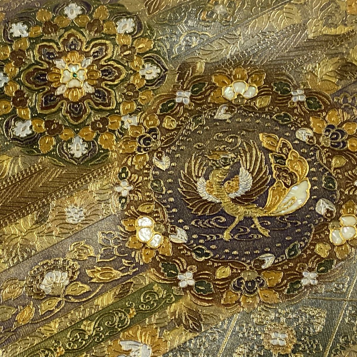 袋帯 秀品 華文 花鳥 螺鈿 金銀彩 灰緑 お太鼓柄 正絹