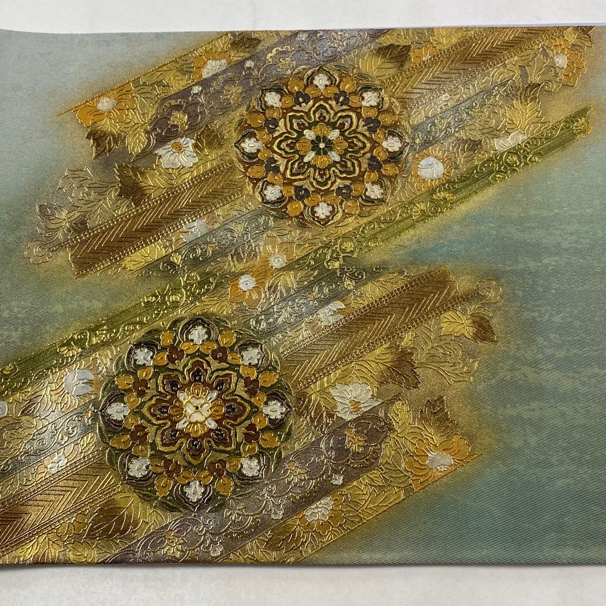  袋帯 秀品 華文 花鳥 螺鈿 金銀彩 灰緑 お太鼓柄 正絹 袋帯 帯