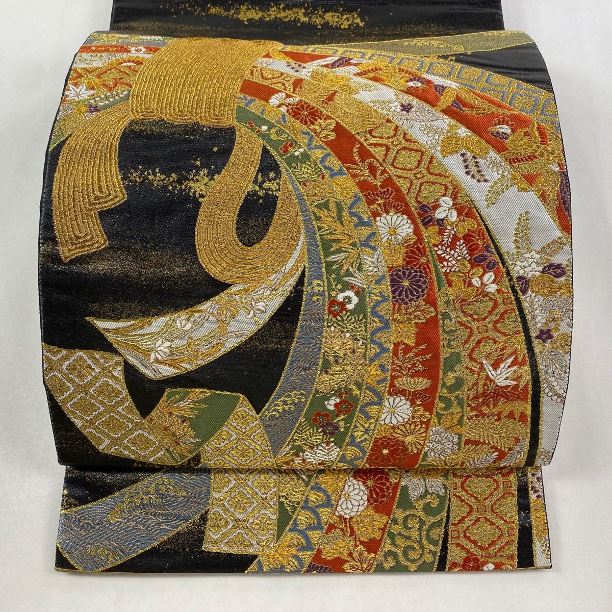 袋帯 秀品 束ね熨斗 花鳥 金銀糸 箔 黒 六通 正絹