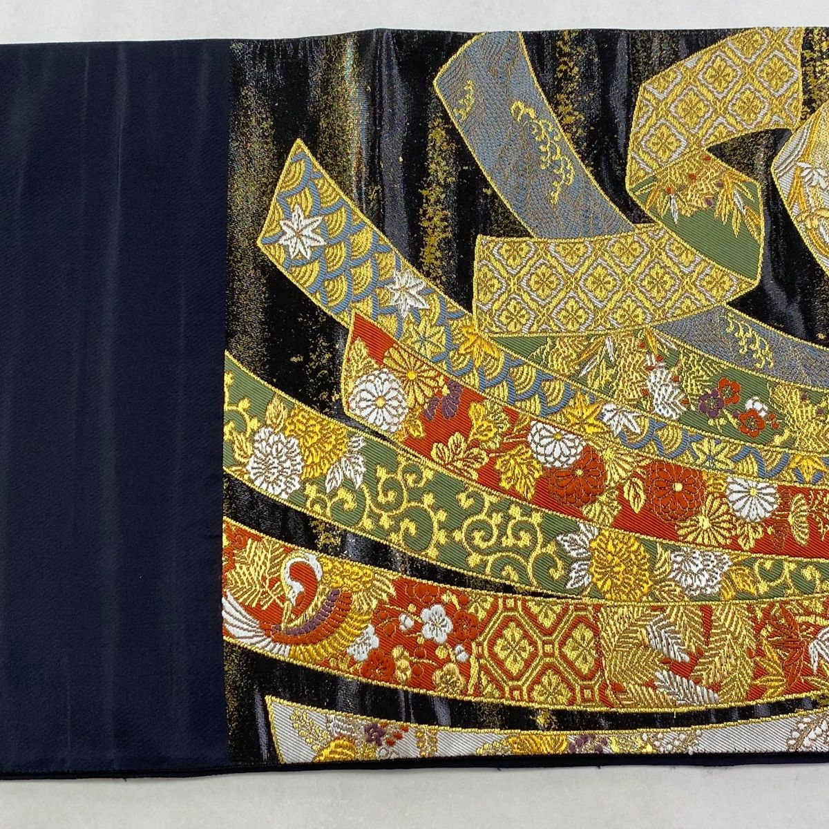  袋帯 秀品 束ね熨斗 花鳥 金銀糸 箔 黒 六通 正絹 袋帯 帯