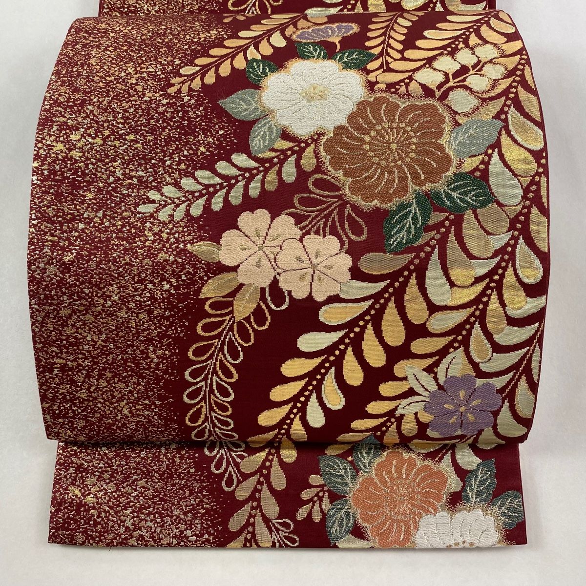 袋帯 秀品 辻が花柄 銀糸 箔 えんじ色 六通 正絹