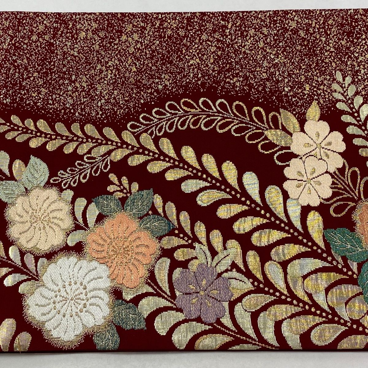  袋帯 秀品 辻が花柄 銀糸 箔 えんじ色 六通 正絹 袋帯 帯