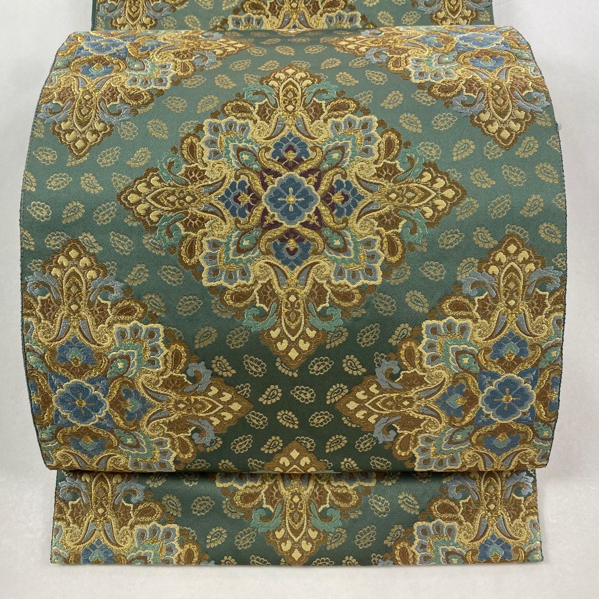 袋帯 秀品 服部織物 落款 王朝更紗文 灰緑 六通 正絹