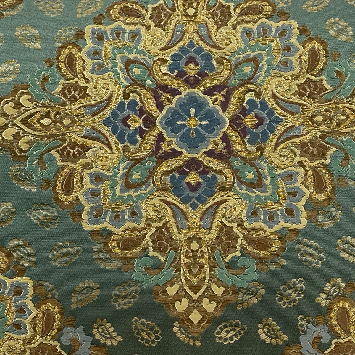 袋帯 秀品 服部織物 落款 王朝更紗文 灰緑 六通 正絹