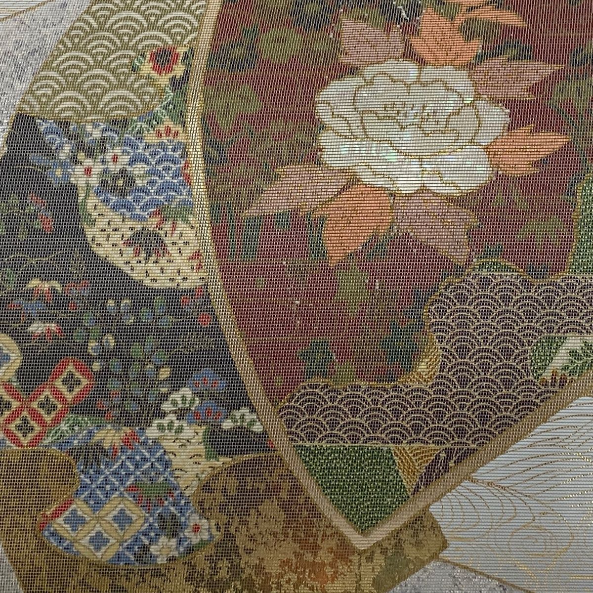 袋帯 秀品 扇面 草花 螺鈿 金彩 銀色 お太鼓柄 正絹