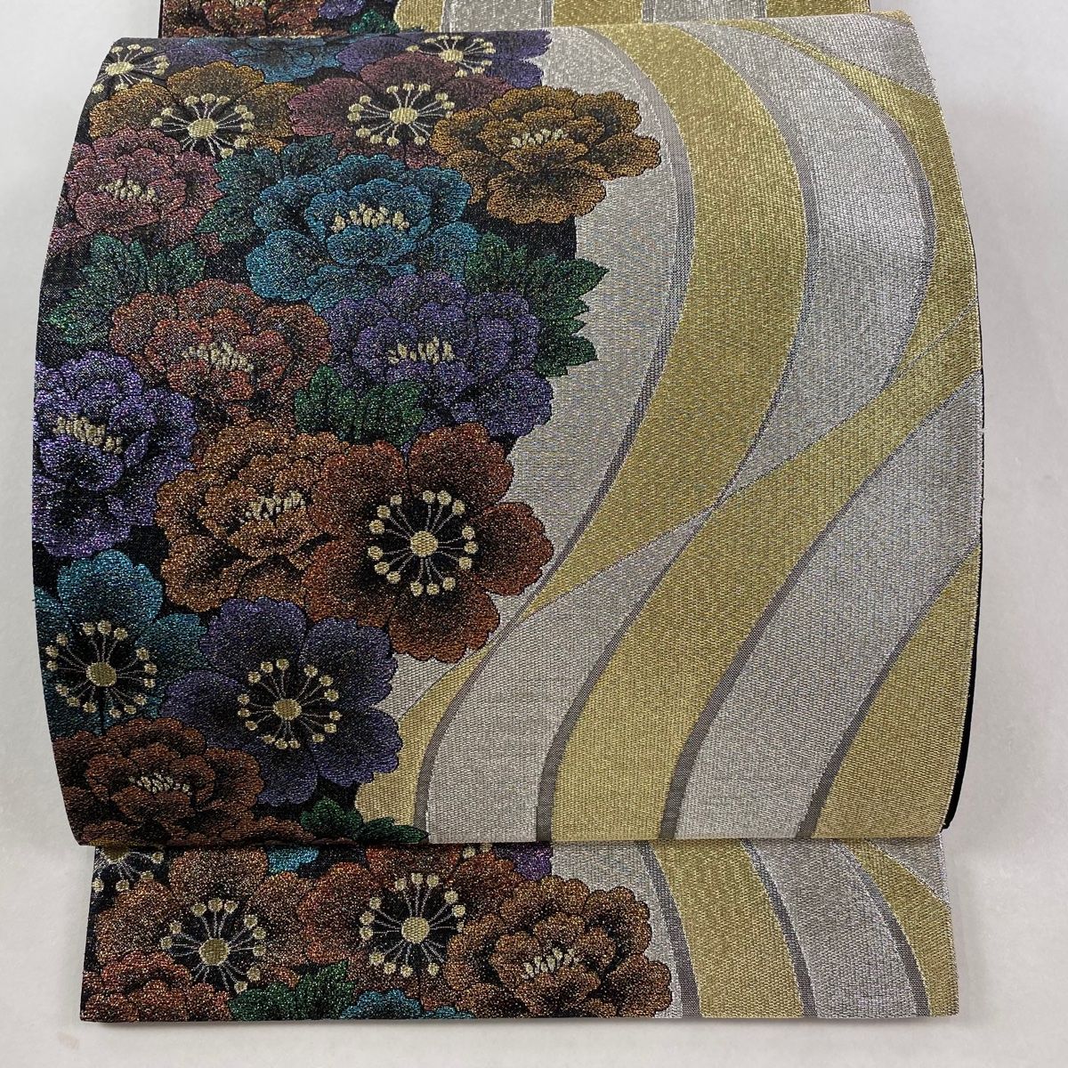 袋帯 秀品 草花 幾何学 金銀糸 箔 銀色 六通 正絹