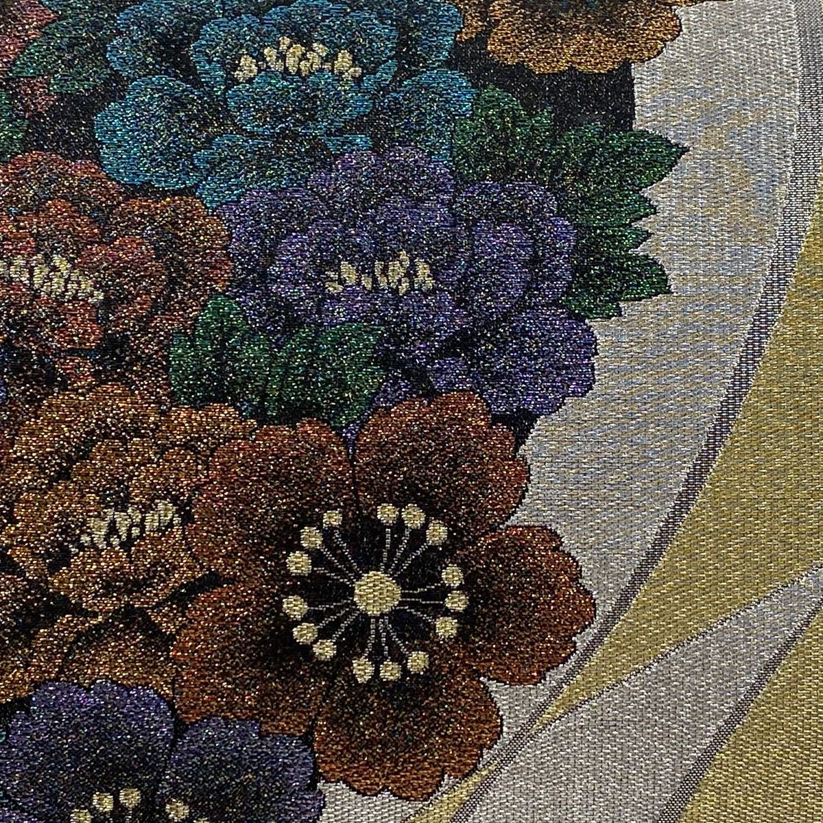 袋帯 秀品 草花 幾何学 金銀糸 箔 銀色 六通 正絹