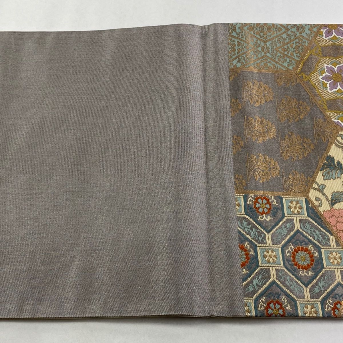  袋帯 秀品 草花 亀甲 箔 灰紫 六通 正絹 袋帯 帯