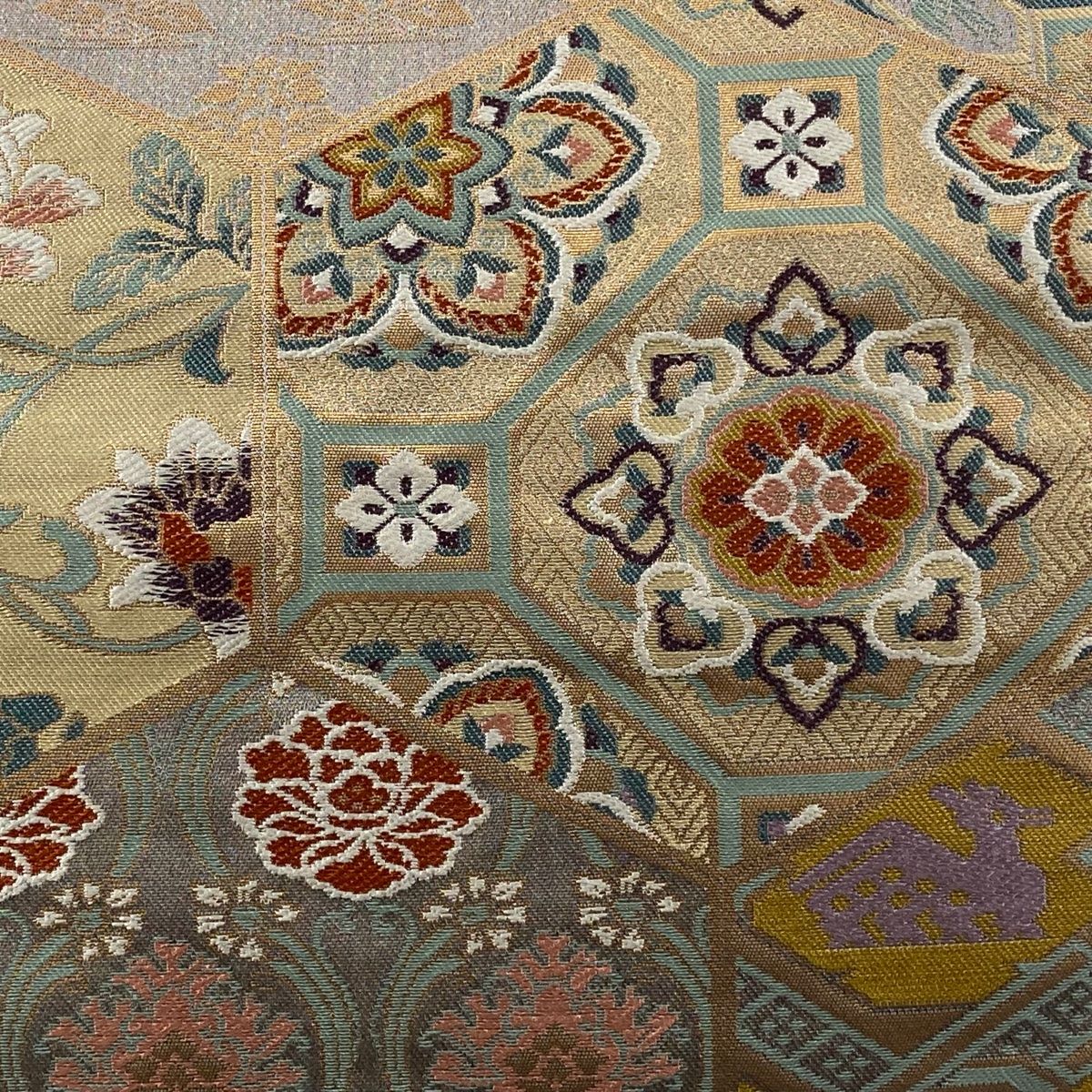 袋帯 秀品 草花 亀甲 箔 灰紫 六通 正絹