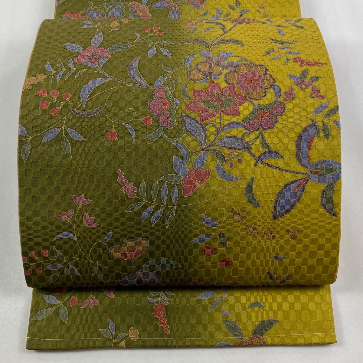 袋帯 秀品 草花 実 金彩 鶯色 全通 正絹