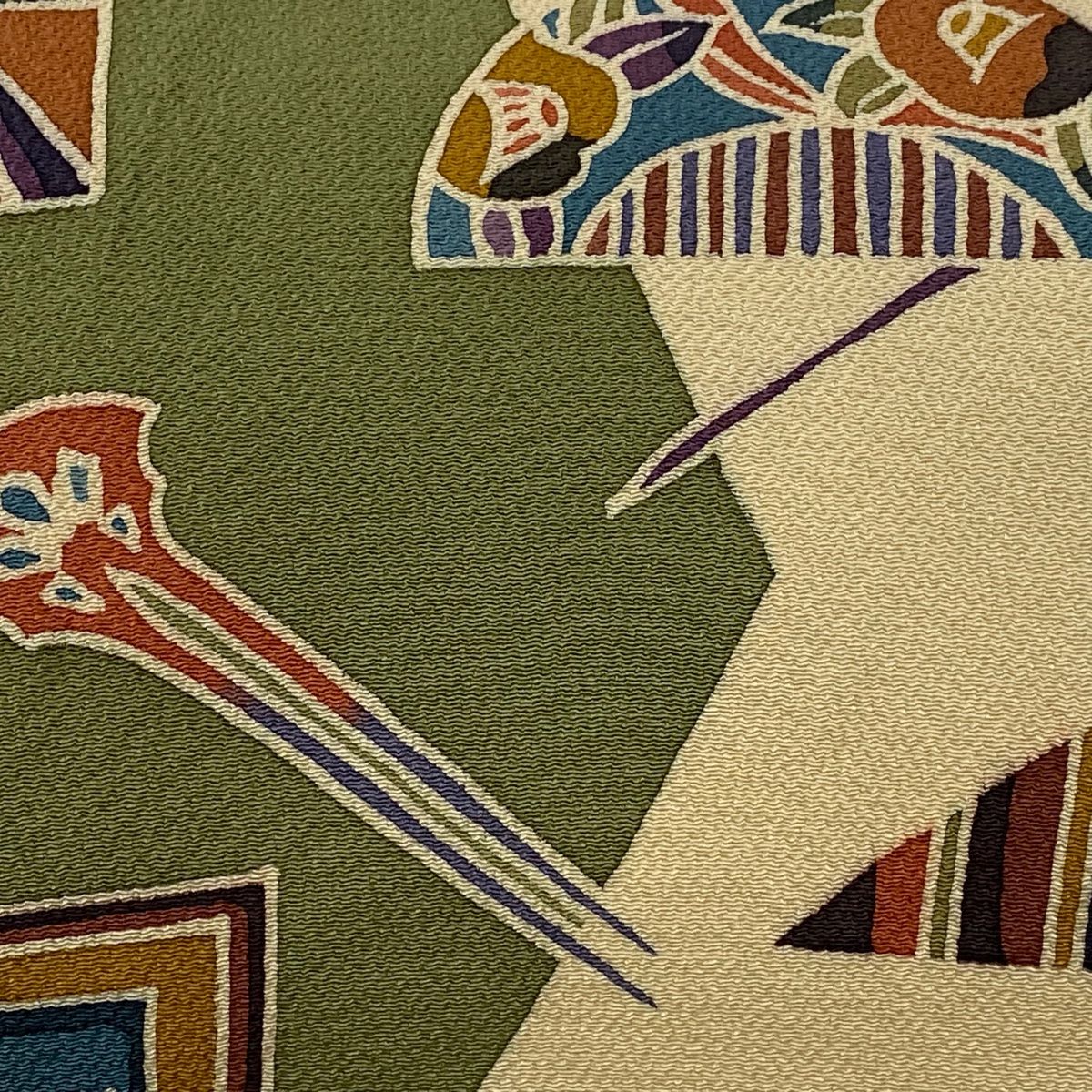 名古屋帯 秀品 落款 櫛 簪 縮緬 ベージュ 正絹