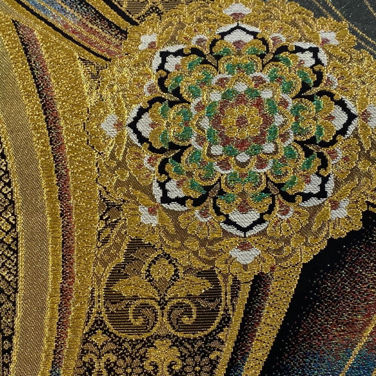 袋帯 秀品 華文 幾何学 金銀糸 箔 緑 六通 正絹