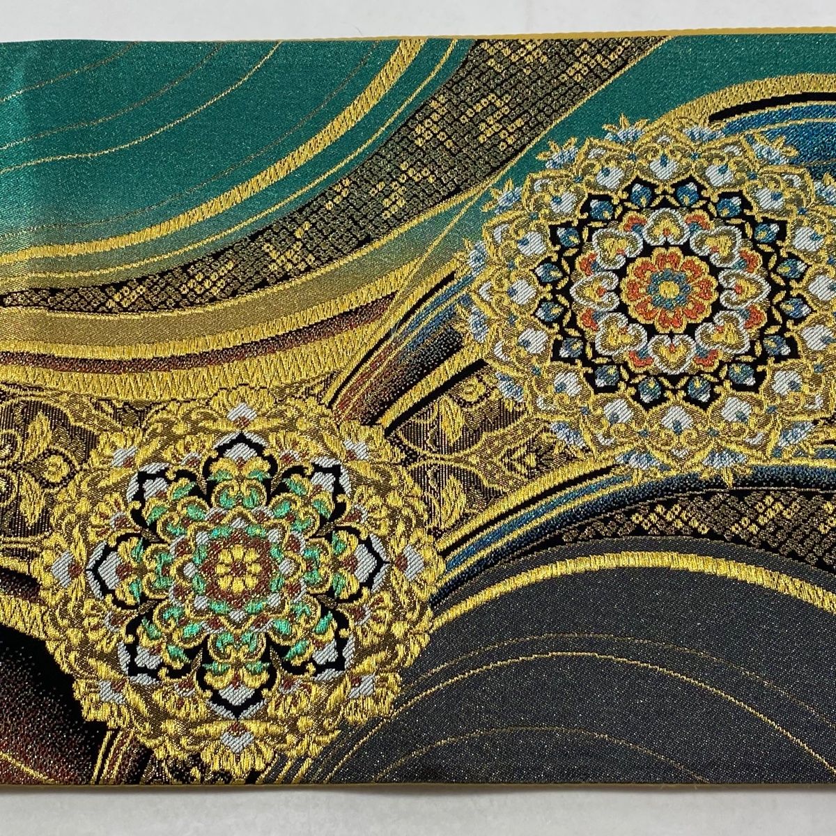  袋帯 秀品 華文 幾何学 金銀糸 箔 緑 六通 正絹 袋帯 帯